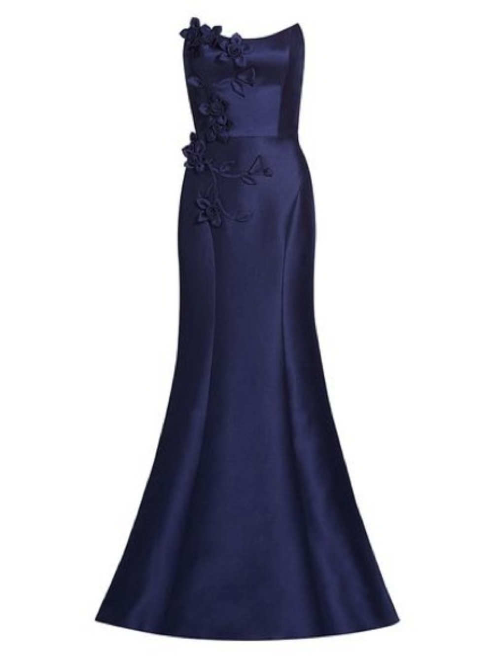 Marchesa Notte Elegant Navy Strapless Evening Gown with Floral Appliqué.